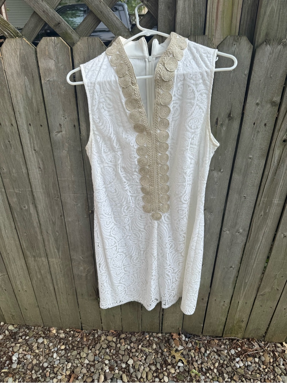 Vince Camuto White Lace Dress with Beige Crochet Trim